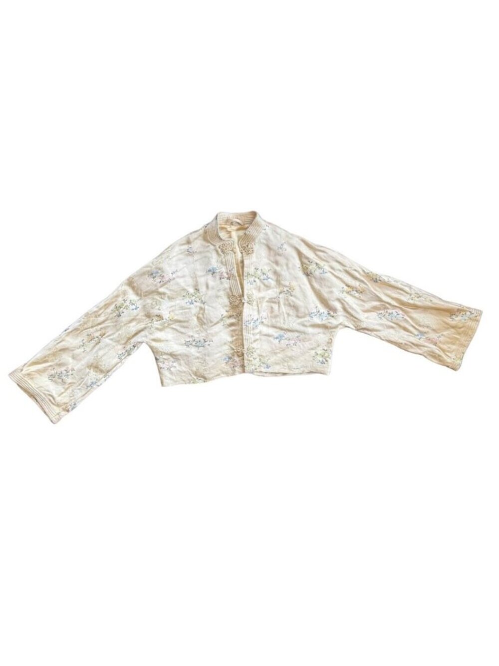 Dynasty Hong Kong 1960s Ivory Silk Embroidered Cropped Jacket Vintage XS S